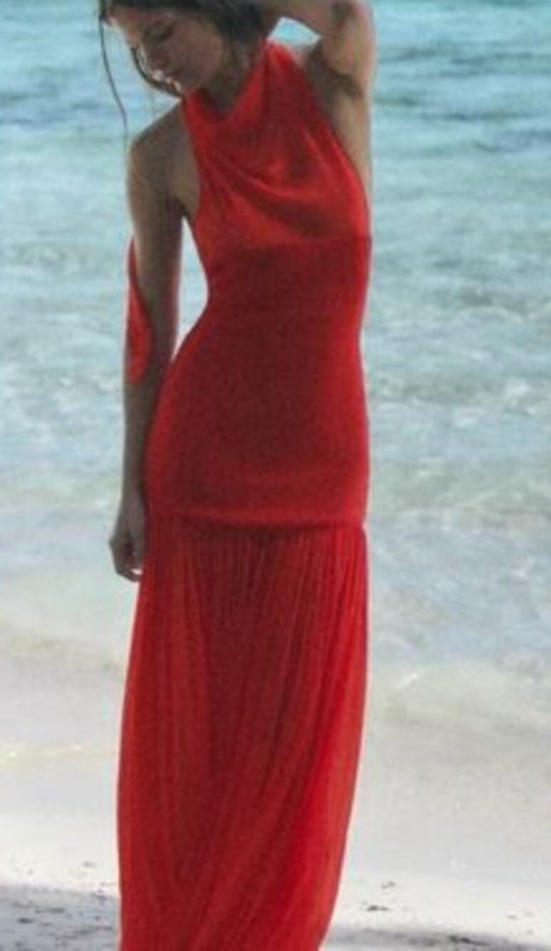 Zara Combination Sleeveless Halter Neck Volume Maxi Dress Red Small